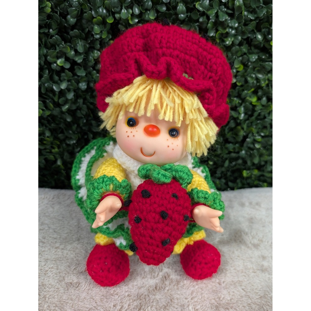 Handmade Crochet Strawberry Shortcake Inspired Doll Red Green Yellow Vinyl Face